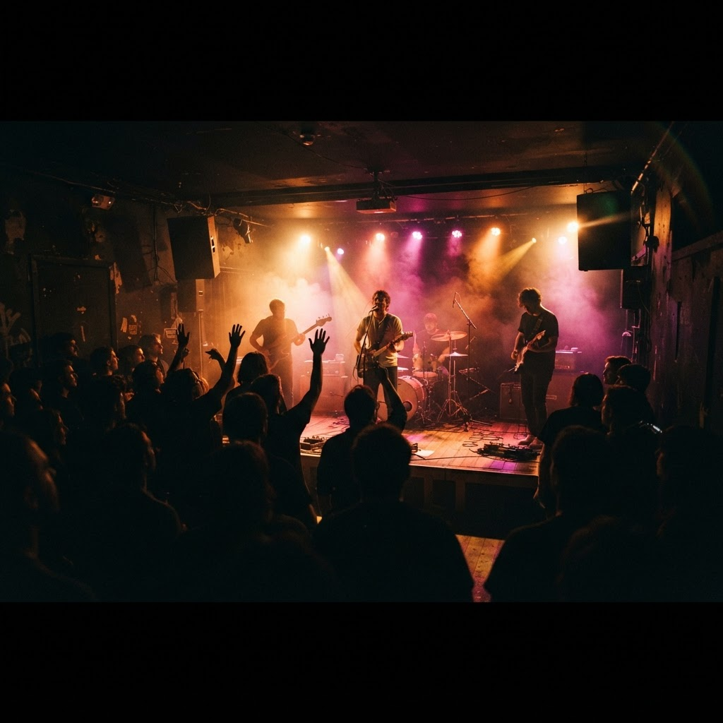 A band performing on a small stage under warm and magenta lights, seen over a silhouetted crowd